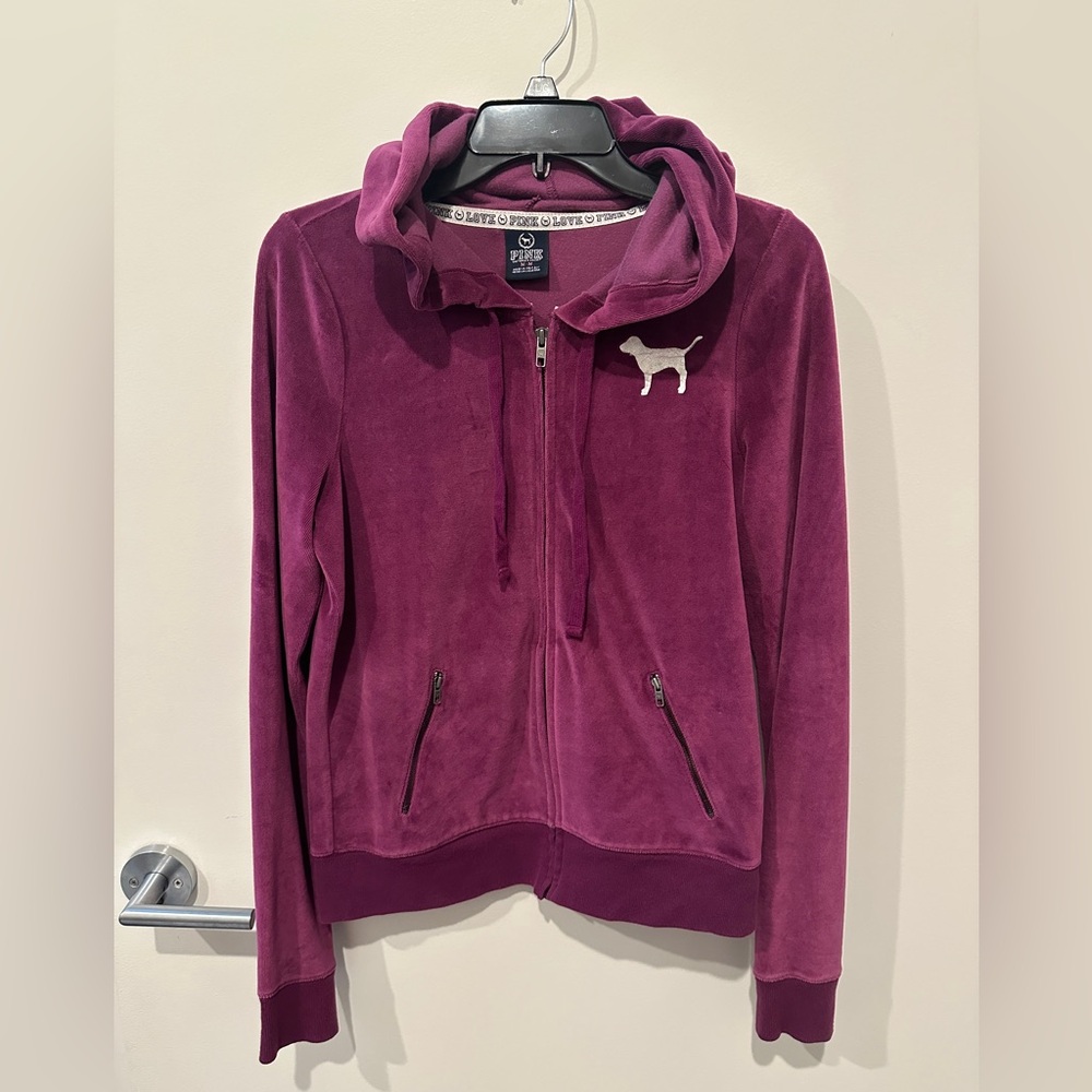 PINK Victoria's Secret Purple Velour Hoodie Sweater Zip Sz M